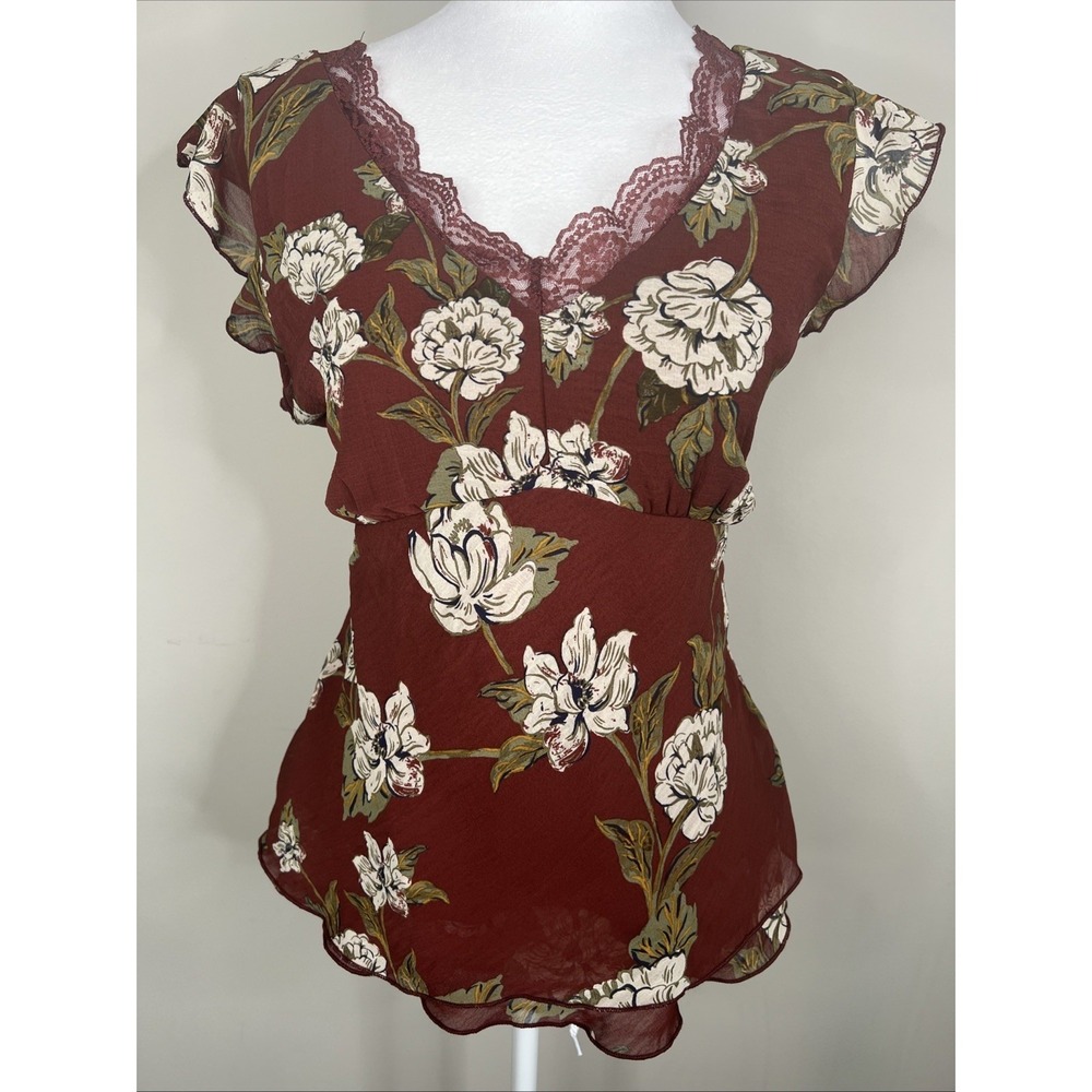 Maurice's Babydoll Flutter Top XS Bias Cut Floral Lace Romantic Cottage Fairy